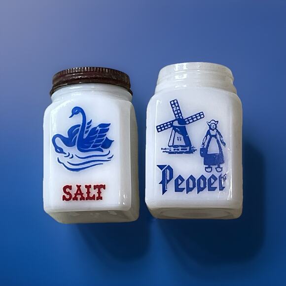 None and/or Unknown Other - Vintage Milk Glass Salt & Pepper Shakers Made in USA Blue Swan Windmill Graphics